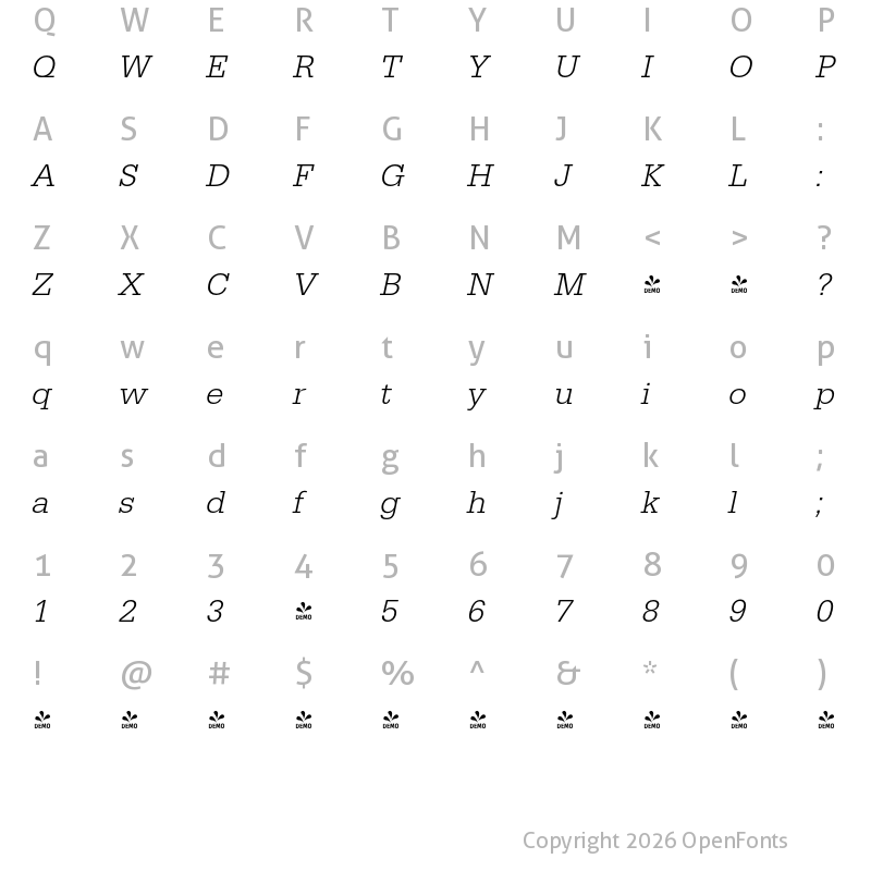 Character Map of FONTSPRING DEMO - EgyptienneURWLig Italic