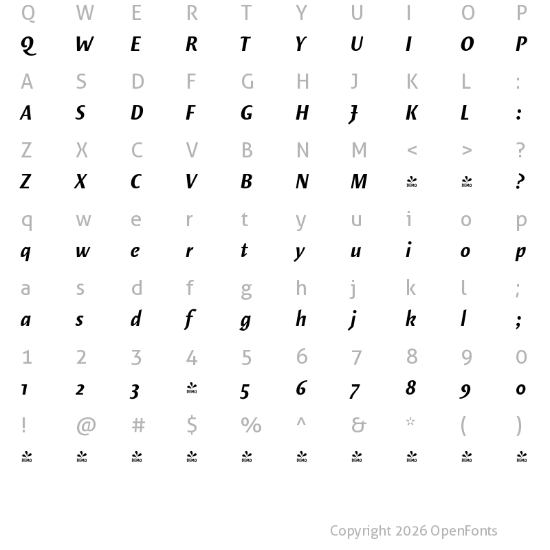 Character Map of FONTSPRING DEMO - Elemental Sans Pro Bold Italic