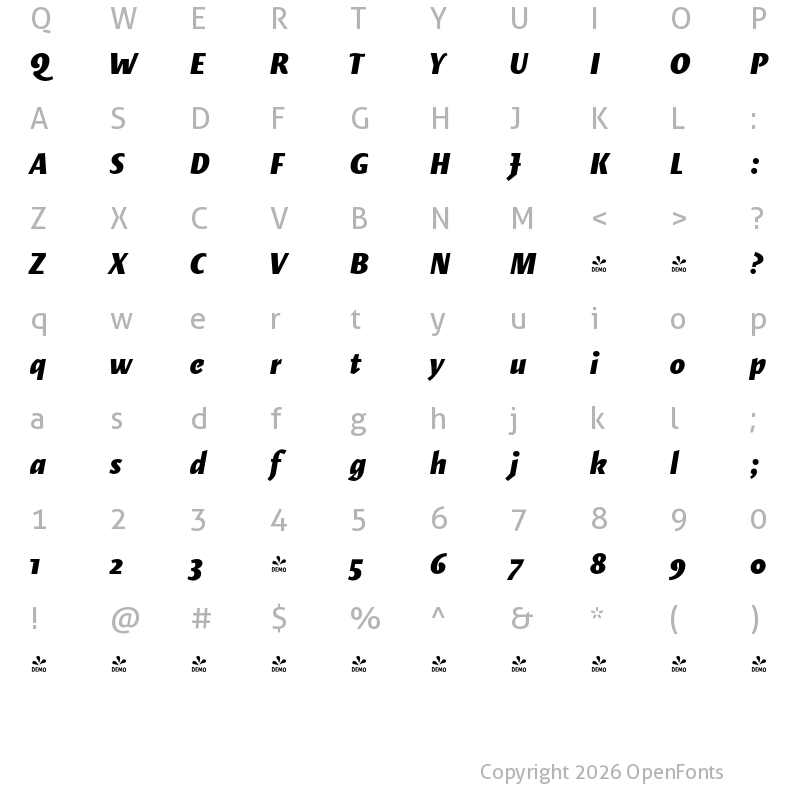 Character Map of FONTSPRING DEMO - Elemental Sans Pro Extra Bold Italic