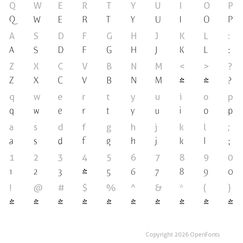 Character Map of FONTSPRING DEMO - Elemental Sans Pro Extra Light