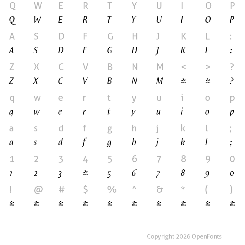 Character Map of FONTSPRING DEMO - Elemental Sans Pro Italic