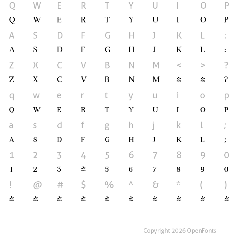 Character Map of FONTSPRING DEMO - Eleonora Alternative Regular