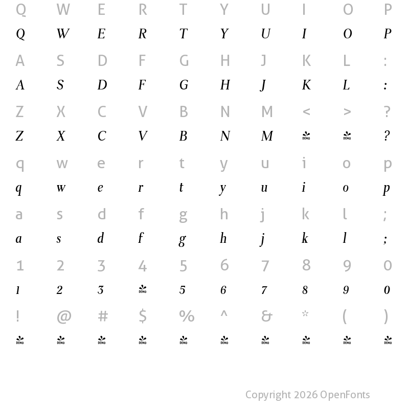 Character Map of FONTSPRING DEMO - Eleonora Italic