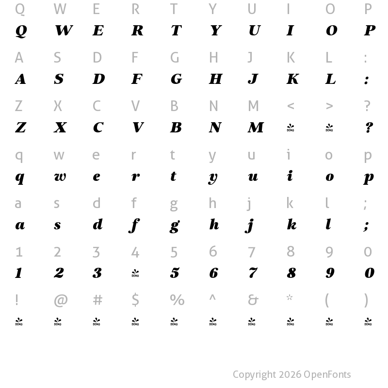Character Map of FONTSPRING DEMO - Elgraine Black Italic