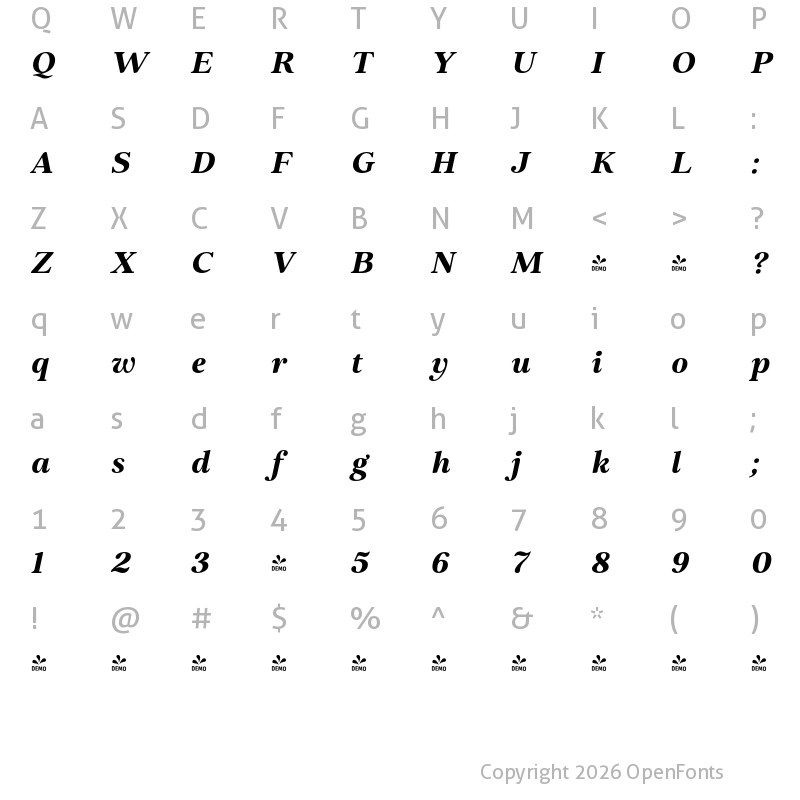 Character Map of FONTSPRING DEMO - Elgraine Bold Italic