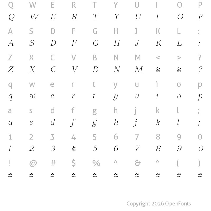 Character Map of FONTSPRING DEMO - Elgraine ExtLt Italic