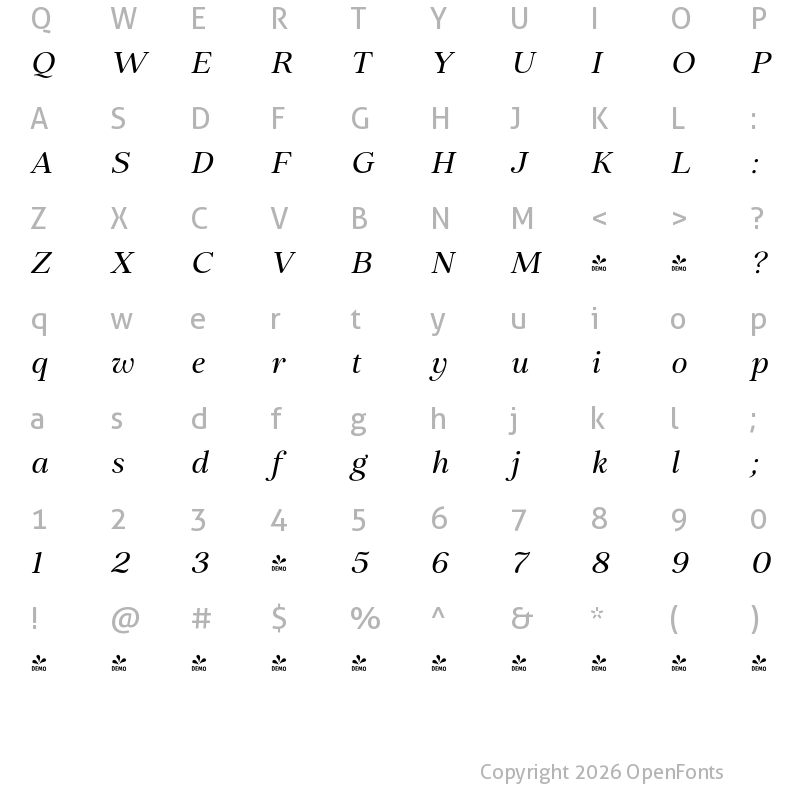 Character Map of FONTSPRING DEMO - Elgraine Italic