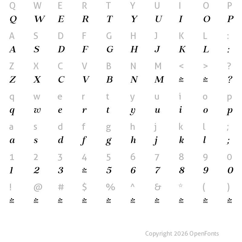 Character Map of FONTSPRING DEMO - Elgraine Med Italic
