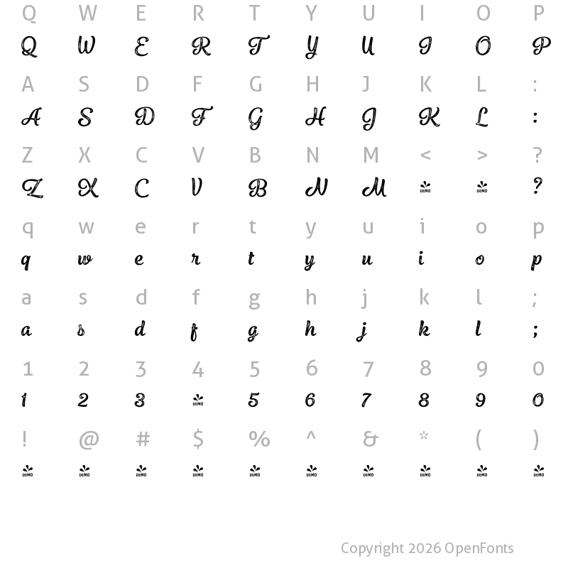 Character Map of FONTSPRING DEMO - Elixir Print Brush Regular