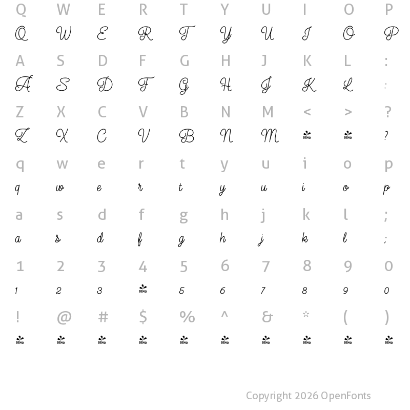 Character Map of FONTSPRING DEMO - Elixir Script Bold Regular