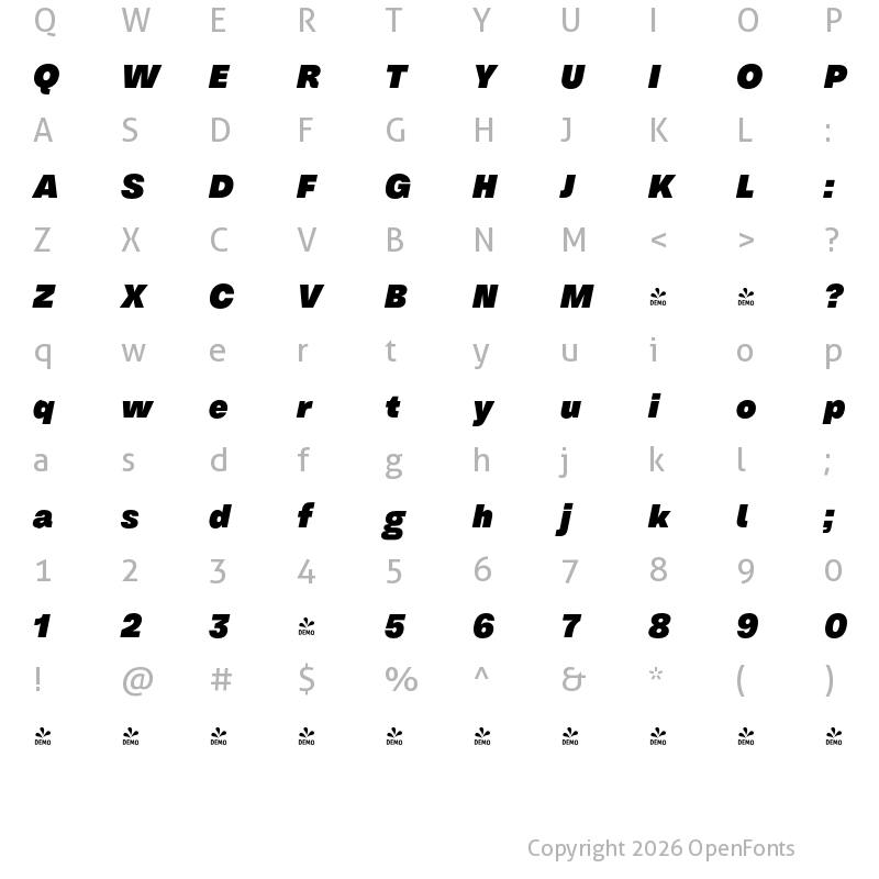 Character Map of FONTSPRING DEMO - Em One Black Italic