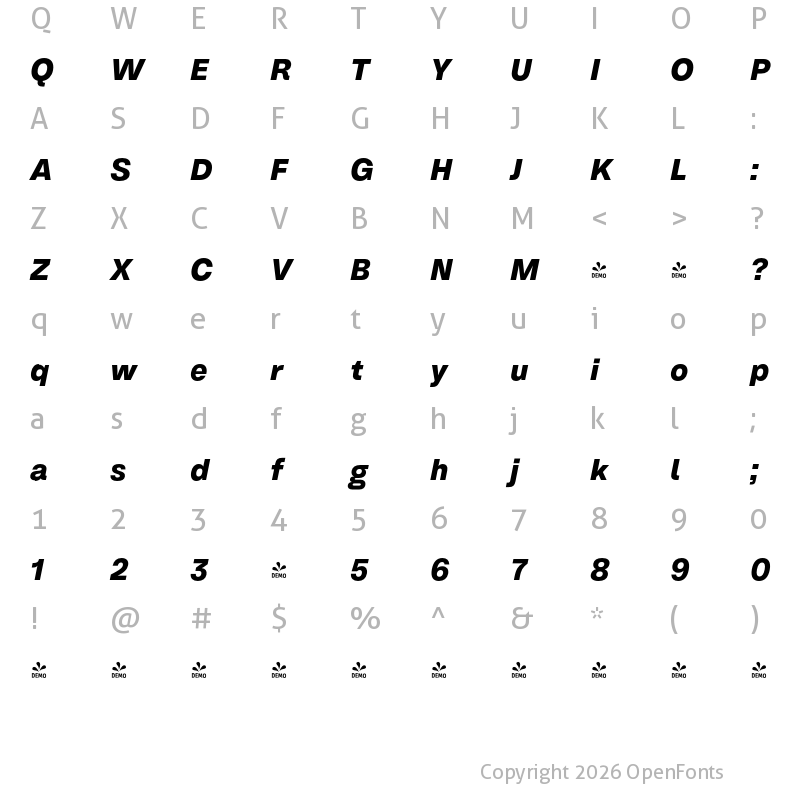 Character Map of FONTSPRING DEMO - Em One Bold Italic