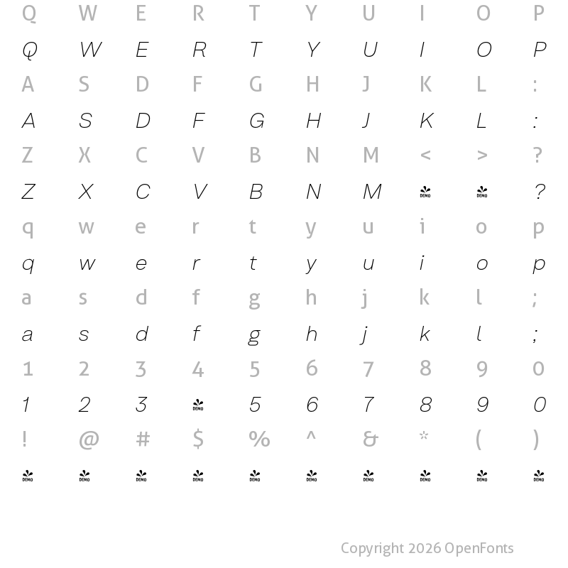 Character Map of FONTSPRING DEMO - Em One Light Italic