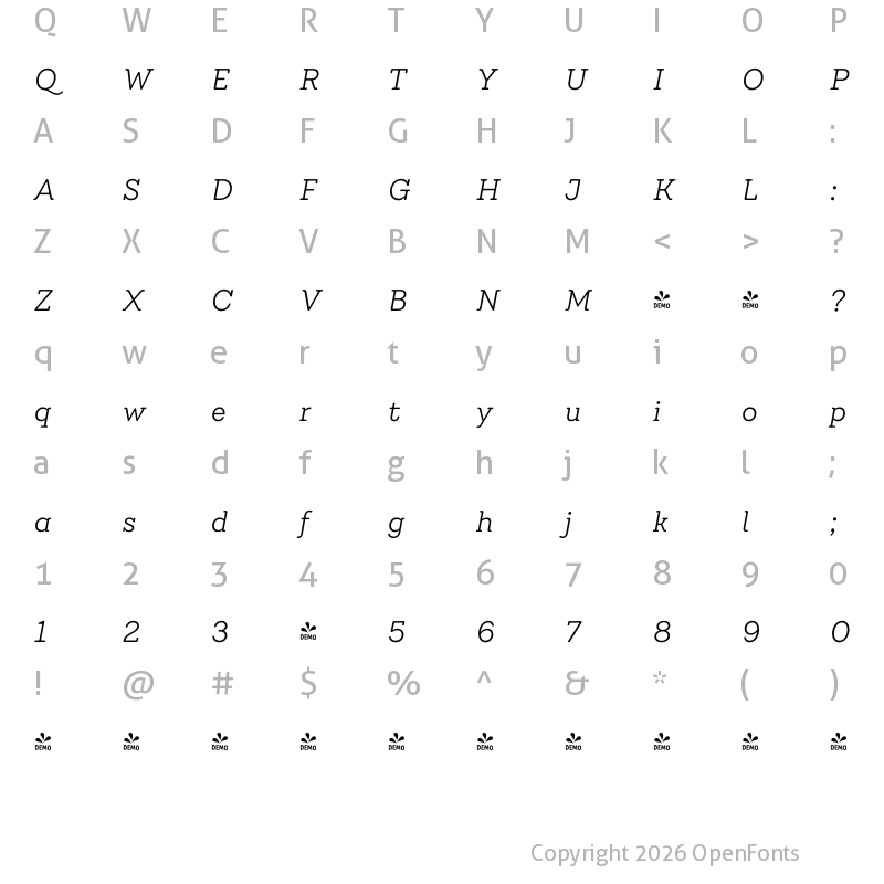 Character Map of FONTSPRING DEMO - Emy Slab Alt Light It Regular