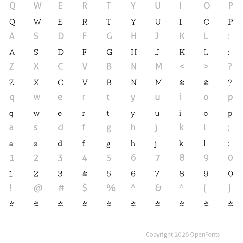 Character Map of FONTSPRING DEMO - Emy Slab Light Regular