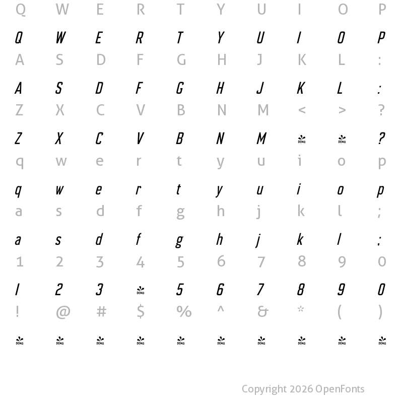 Character Map of FONTSPRING DEMO - Enamela Condensed Italic