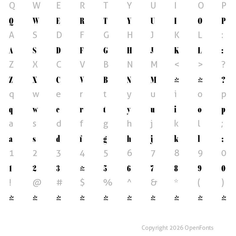 Character Map of FONTSPRING DEMO - Encorpada Classic Compressed ExBd Regular