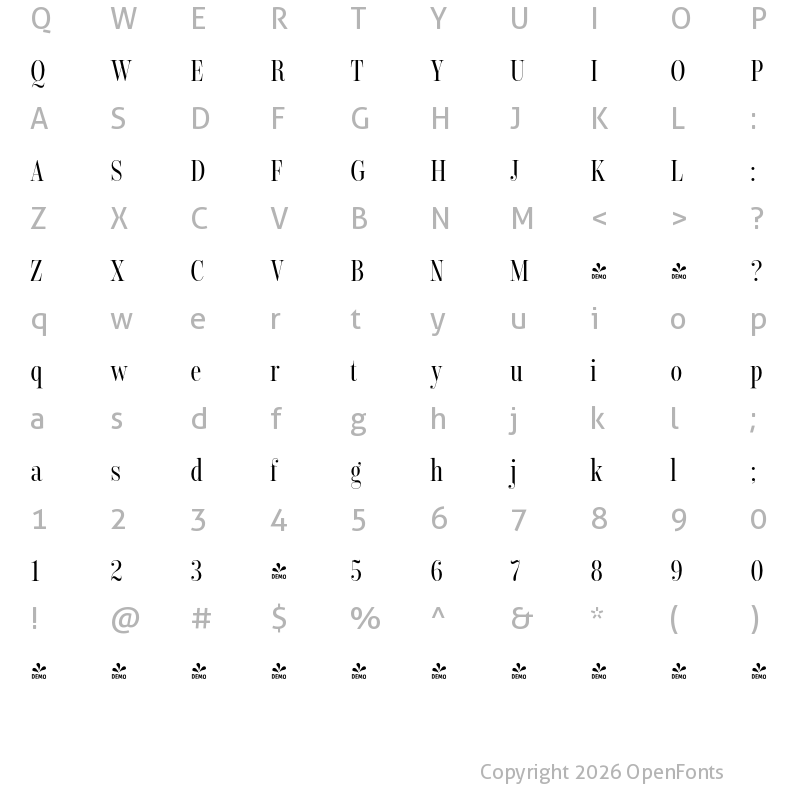 Character Map of FONTSPRING DEMO - Encorpada Classic Compressed Regular