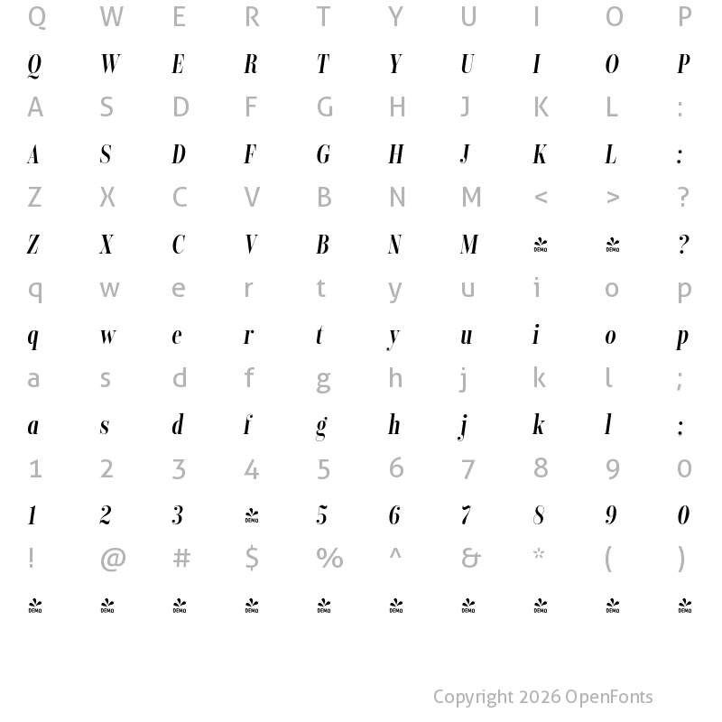 Character Map of FONTSPRING DEMO - Encorpada Classic Compressed SmBd It Regular