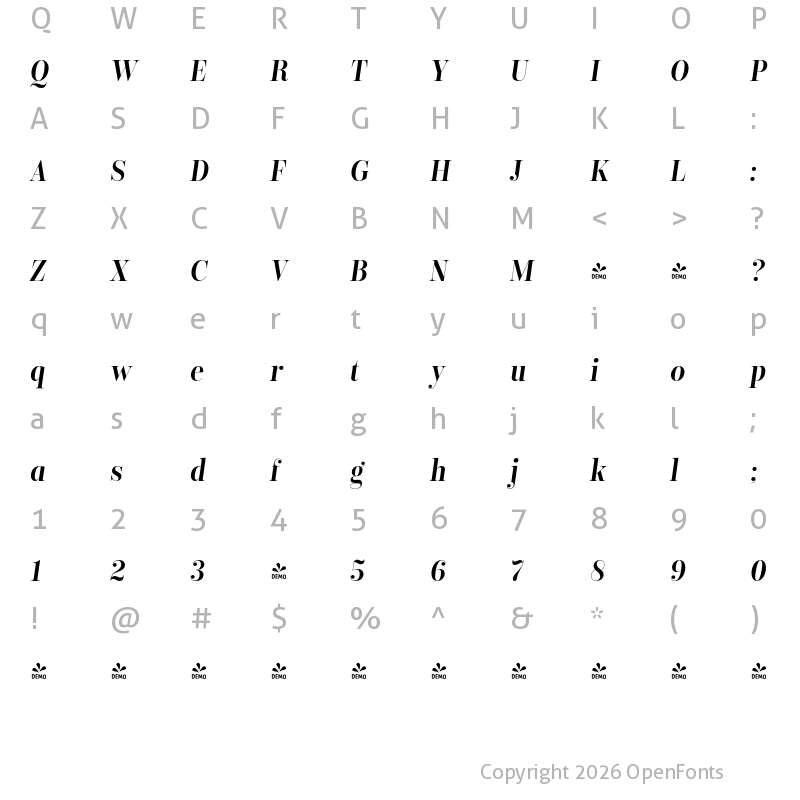 Character Map of FONTSPRING DEMO - Encorpada Classic Condensed SmBd It Regular