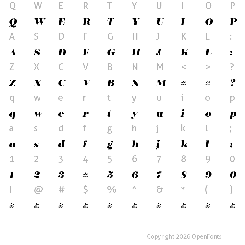 Character Map of FONTSPRING DEMO - Encorpada Classic ExtraBold Italic