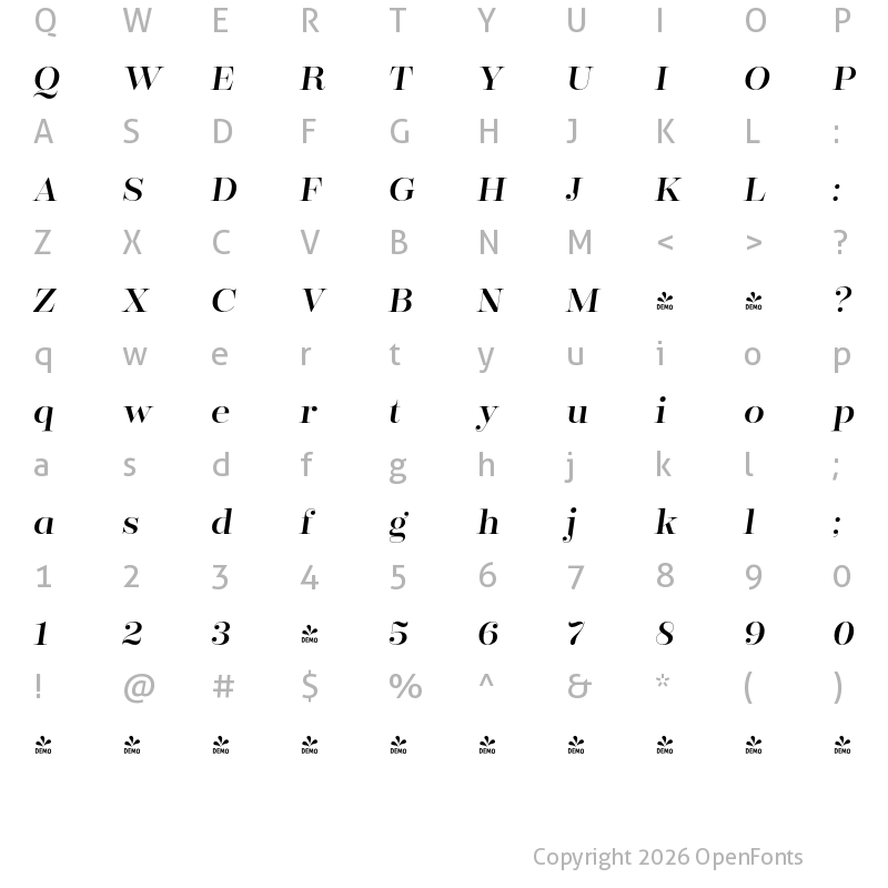 Character Map of FONTSPRING DEMO - Encorpada Classic Italic