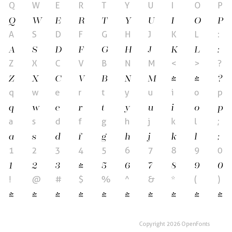 Character Map of FONTSPRING DEMO - Encorpada Classic Light Italic