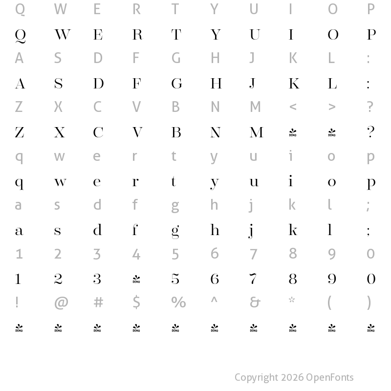 Character Map of FONTSPRING DEMO - Encorpada Classic Light Regular