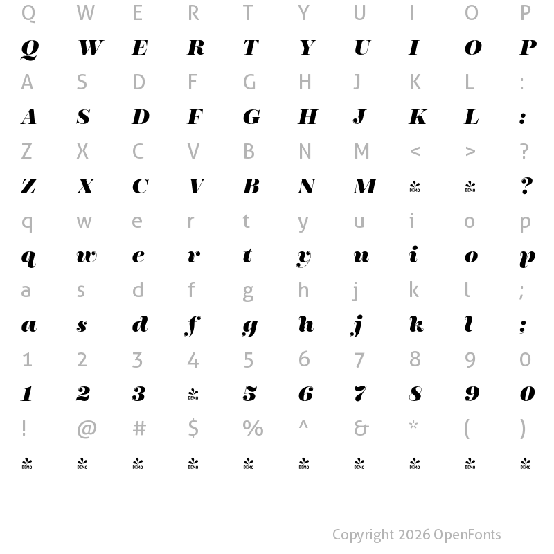 Character Map of FONTSPRING DEMO - Encorpada Pro ExtraBold Italic Regular