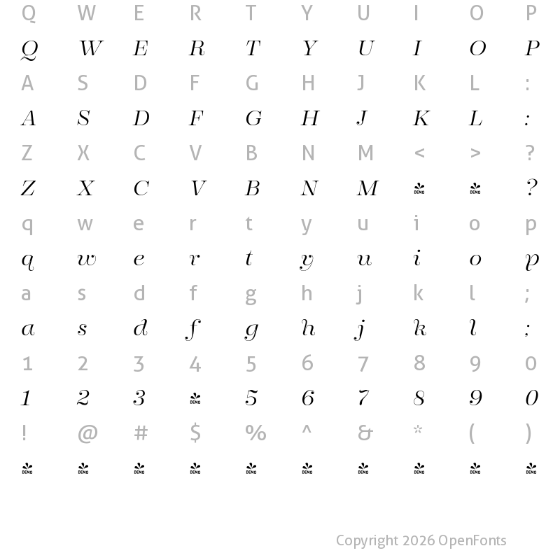 Character Map of FONTSPRING DEMO - Encorpada Pro Light Italic Regular