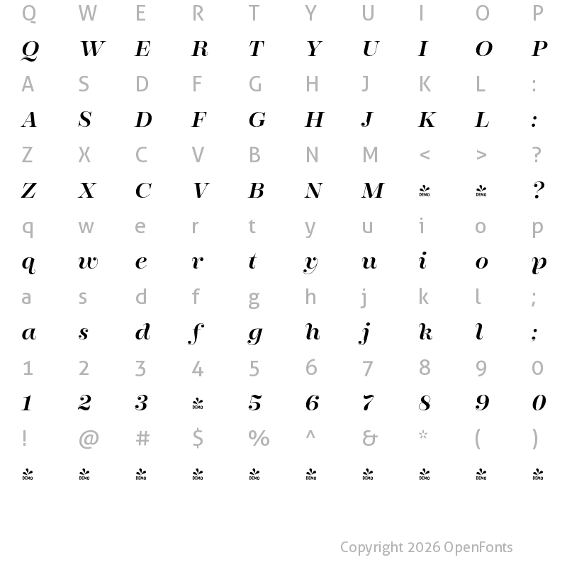 Character Map of FONTSPRING DEMO - Encorpada Pro SemiBold Italic Regular