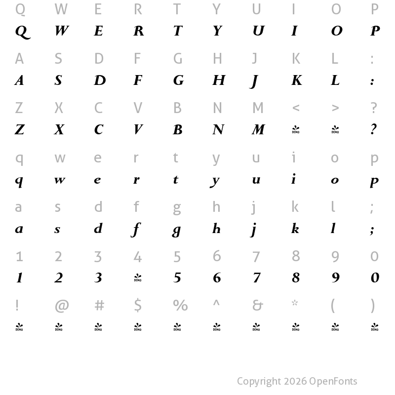 Character Map of FONTSPRING DEMO - English Serif Bold Italic
