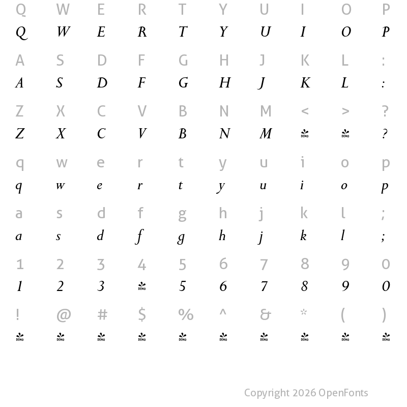 Character Map of FONTSPRING DEMO - English Serif Italic