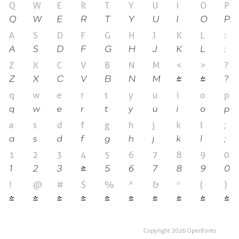 Character Map of FONTSPRING DEMO - Engram PRO UltraLight Italic
