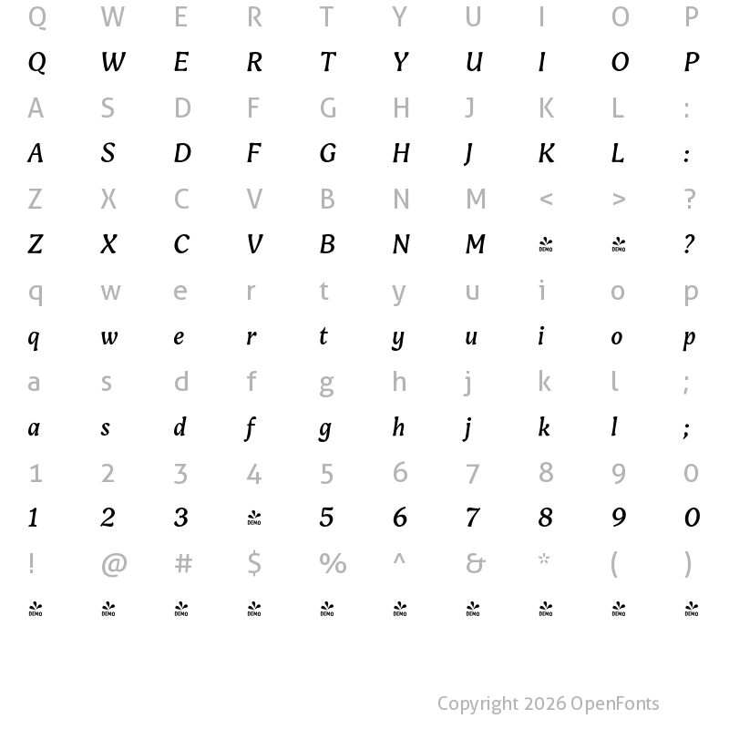 Character Map of FONTSPRING DEMO - Engria Reg Italic