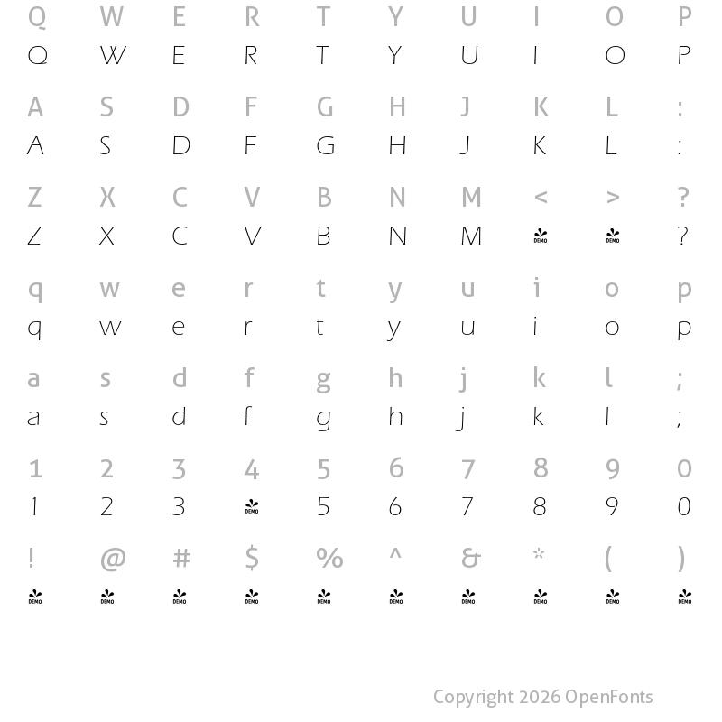 Character Map of FONTSPRING DEMO - Ennis Pro Light Regular