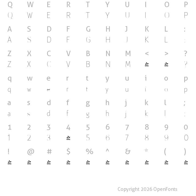 Character Map of FONTSPRING DEMO - Epitet Thin Regular