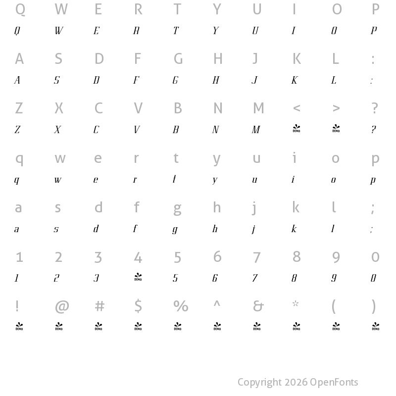 Character Map of FONTSPRING DEMO - Epolis Italic