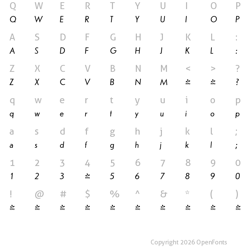 Character Map of FONTSPRING DEMO - Erbar URW Italic