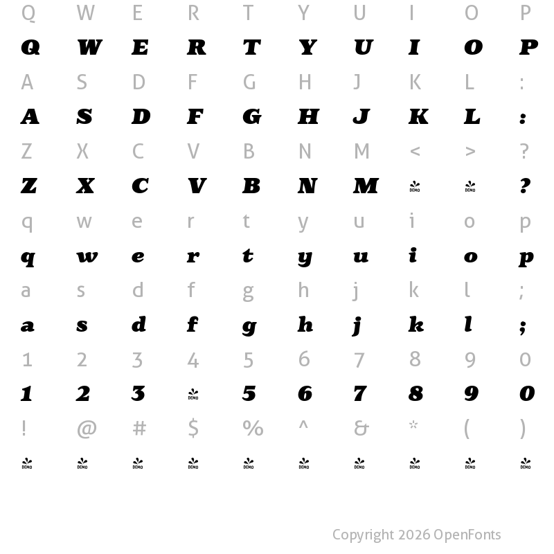 Character Map of FONTSPRING DEMO - Eroika Slab Bk Italic