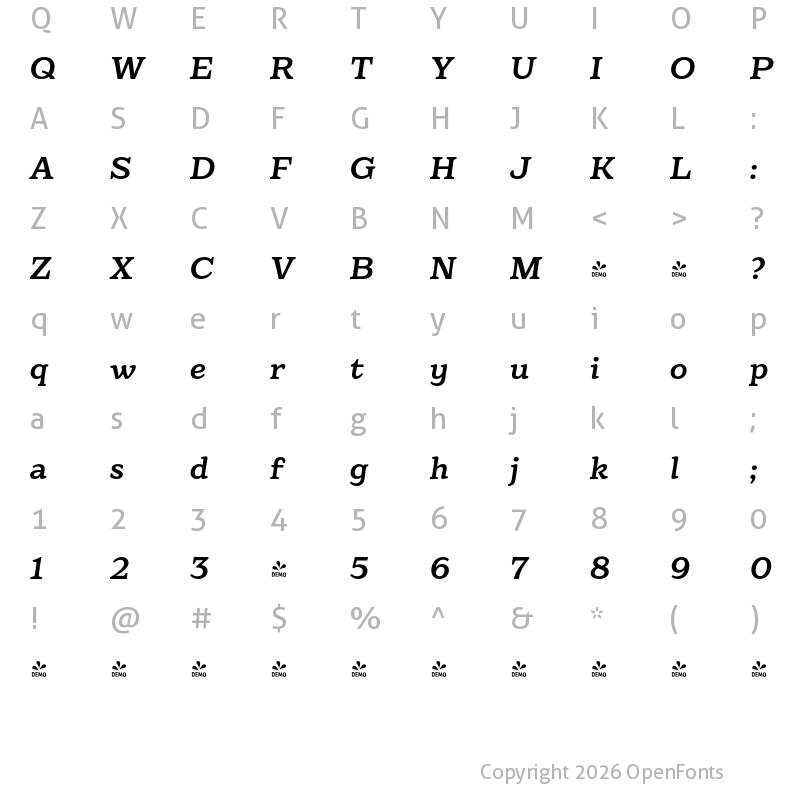 Character Map of FONTSPRING DEMO - Eroika Slab Reg Italic