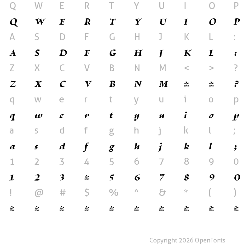 Character Map of FONTSPRING DEMO - Escritura Display Extra Bold Italic