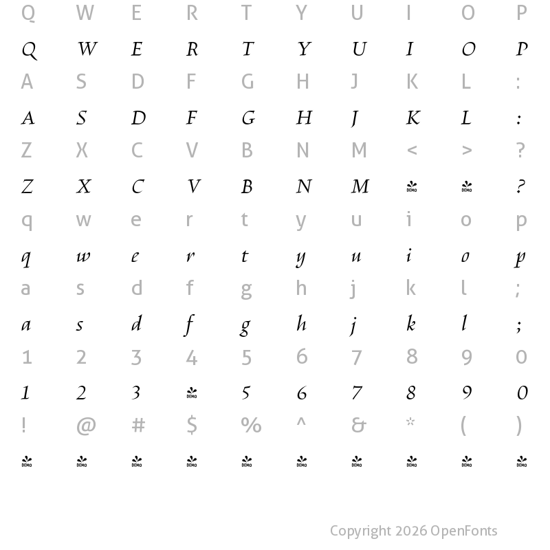 Character Map of FONTSPRING DEMO - Escritura Italic