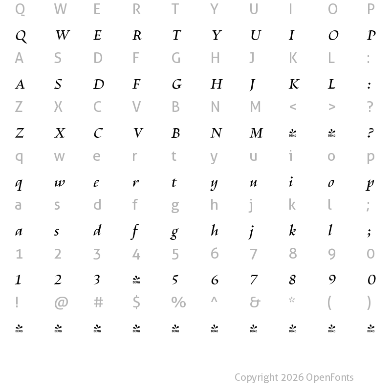 Character Map of FONTSPRING DEMO - Escritura Medium Medium Italic