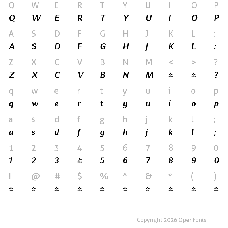 Character Map of FONTSPRING DEMO - Espuma Pro Lt Bold Italic