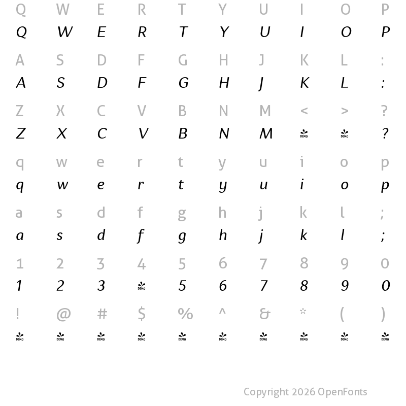 Character Map of FONTSPRING DEMO - Espuma Pro Rg Italic