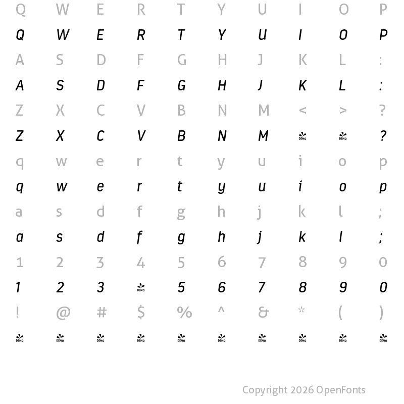 Character Map of FONTSPRING DEMO - Estandar Rd Italic