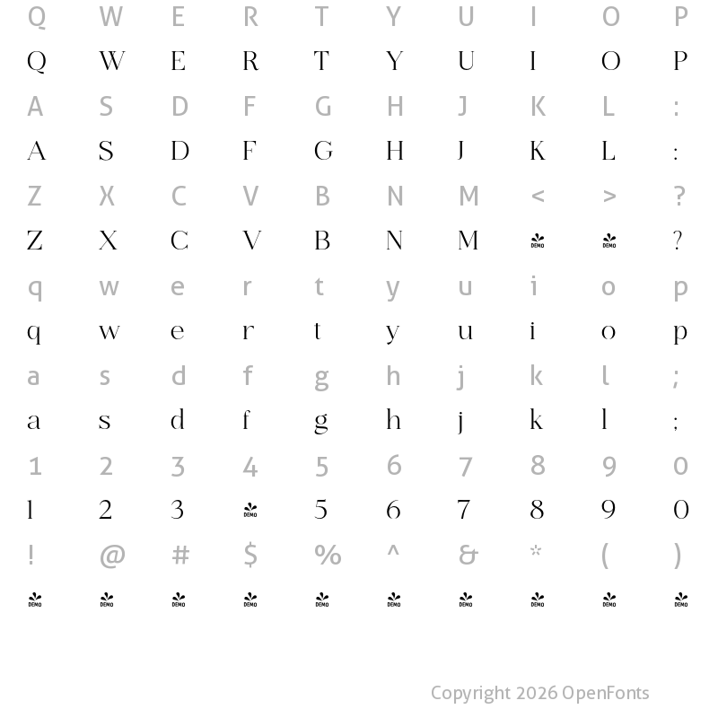 Character Map of FONTSPRING DEMO - Ethereal ExtLt Regular