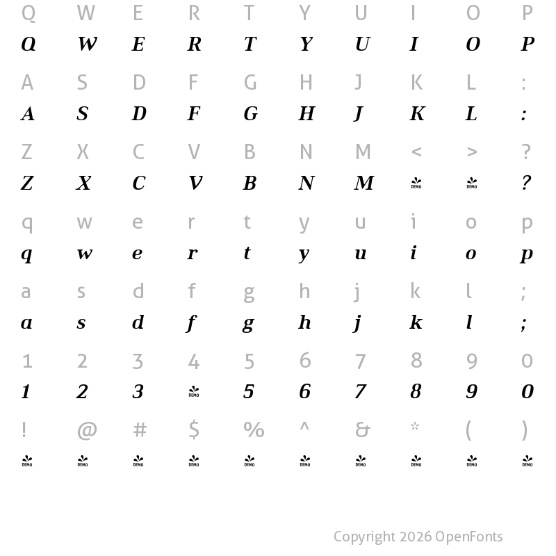 Character Map of FONTSPRING DEMO - Ethos Bold Italic Bold Italic