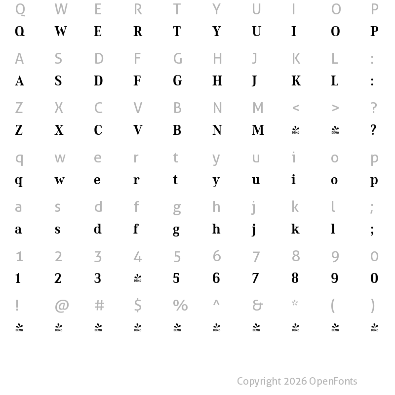 Character Map of FONTSPRING DEMO - Ethos Condensed Bold Condensed Bold